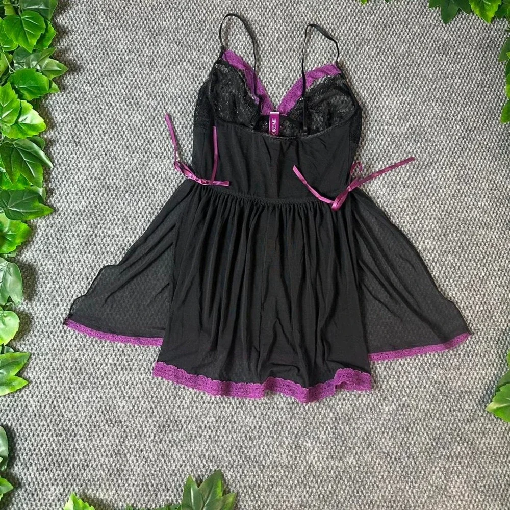 adore Me Lace Mesh Babydoll Lingerie Chemise Nightgown Black Purple